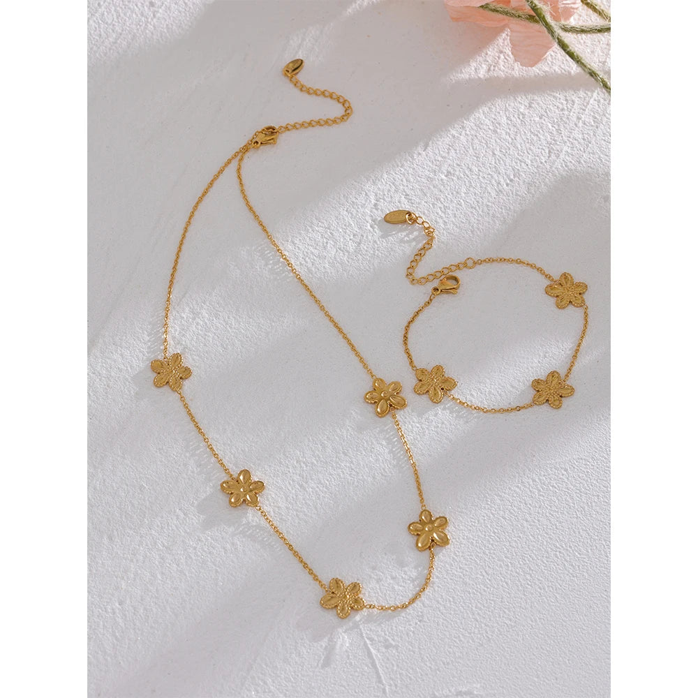 Yhpup Trendy Flower Chain Gold Color Necklace Bracelet Bangle Stainless Steel Summer Jewelry for Women Waterproof Party Gift
