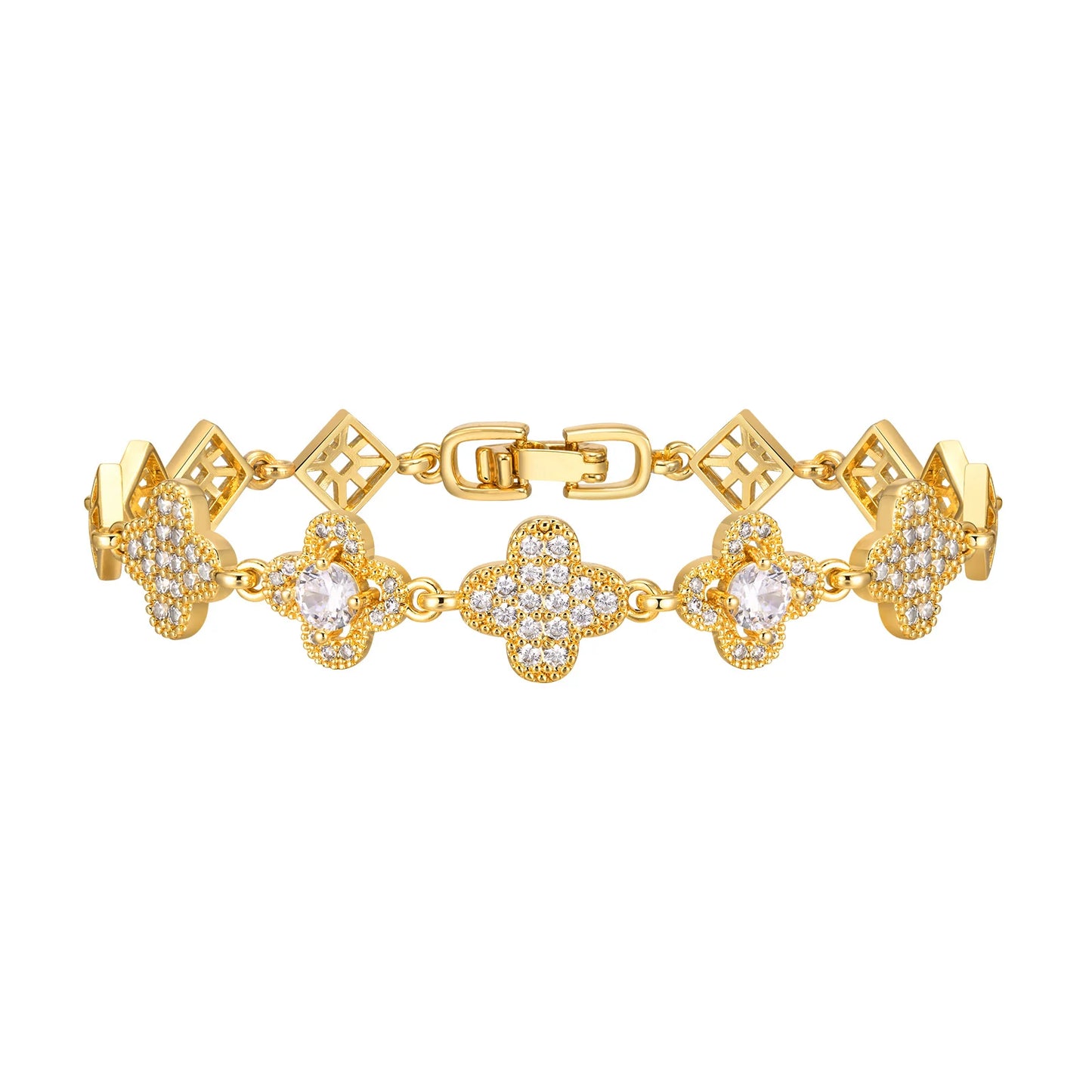 Pulseira Trevo Cravejo, Folheado em Ouro 18K