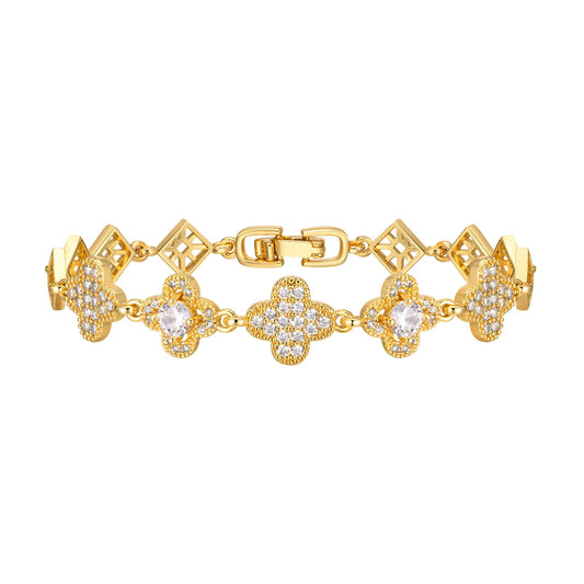 Pulseira Trevo Cravejo, Folheado em Ouro 18K