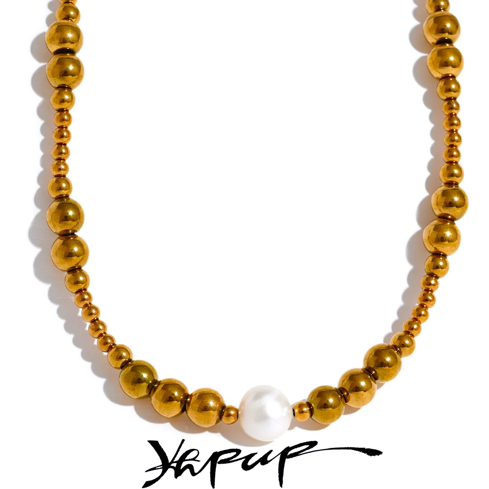 Yhpup Waterproof Stainless Steel Natural Pearl Metal 18K Gold Plated Beads Necklace Women Fashion Collar Jewelry Bijoux