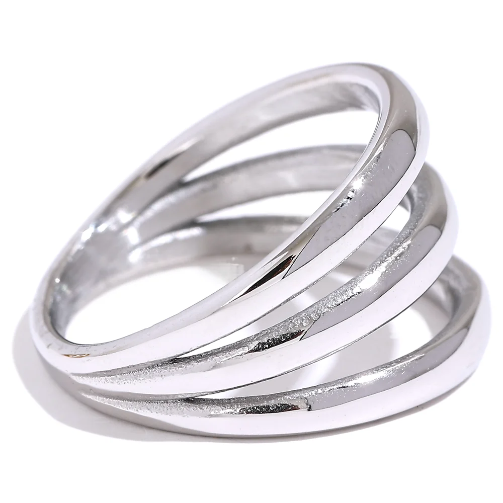 Yhpup Stainless Steel Geometric Hollow Layered Wide Ring Metal Texture Waterproof Daily Simple Stylish Golden Jewelry for Women