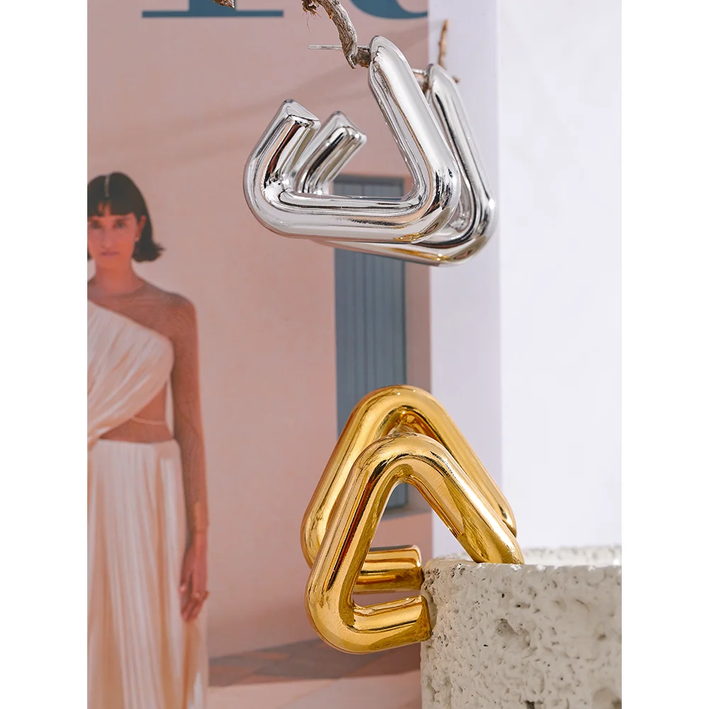 Yhpup Stainless Steel Triangle Hoop Earrings Chunky Metal Texture Prevent Allergy Waterproof Temperament Jewelry for Women Gift