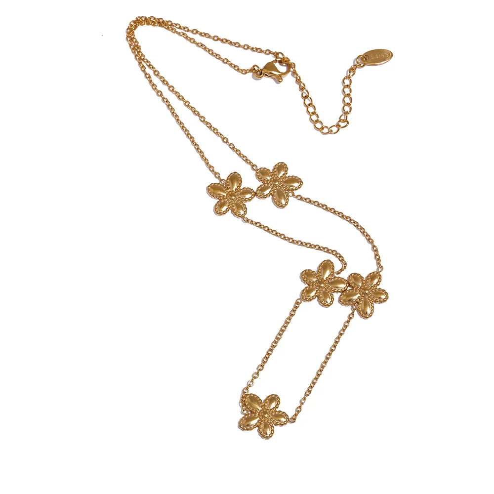 Yhpup Trendy Flower Chain Gold Color Necklace Bracelet Bangle Stainless Steel Summer Jewelry for Women Waterproof Party Gift