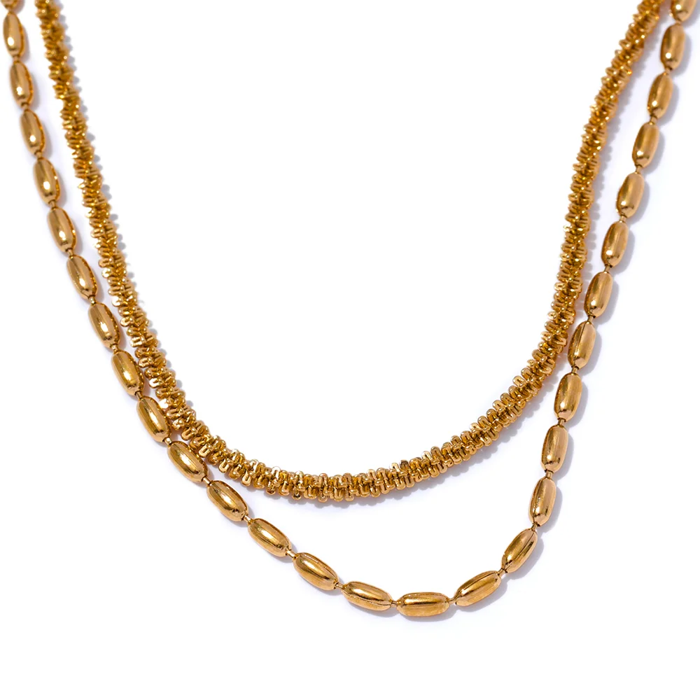 Yhpup Tarnish Resistant Stainless Steel Chic Beads Chain Double Layered Overlay Exquisite Necklace Collar Jewelry Wholesale Gift